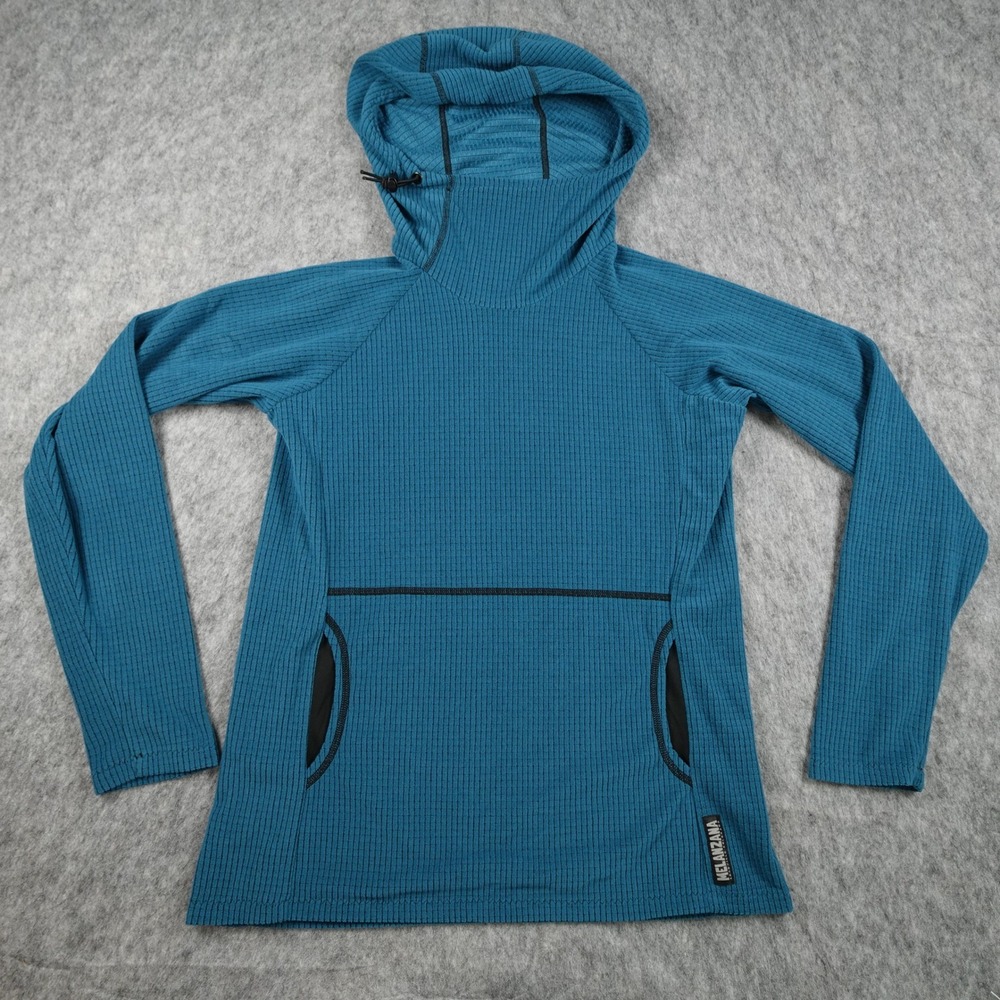 Melanzana Hoodie Womens Small Blue Microgrid Fleece Pullover Waffle Knit
